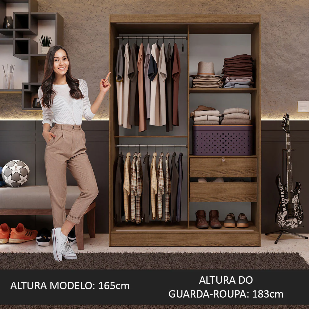 Guarda-Roupa Solteiro Madesa Luke 2 Portas de Correr de Madeira Rustic - Image 5