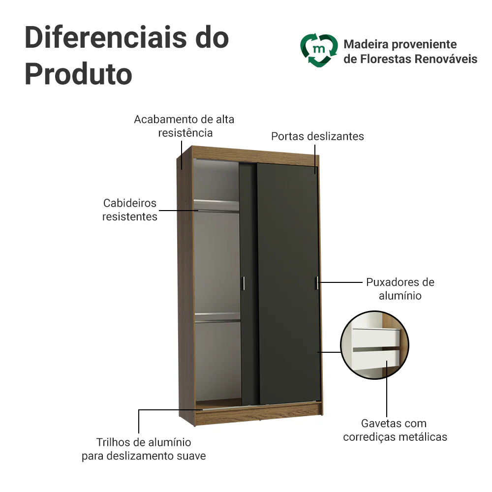 Guarda-Roupa Solteiro Madesa Tokio 2 Portas de Correr 2 Gavetas Rustic/Preto - Image 4