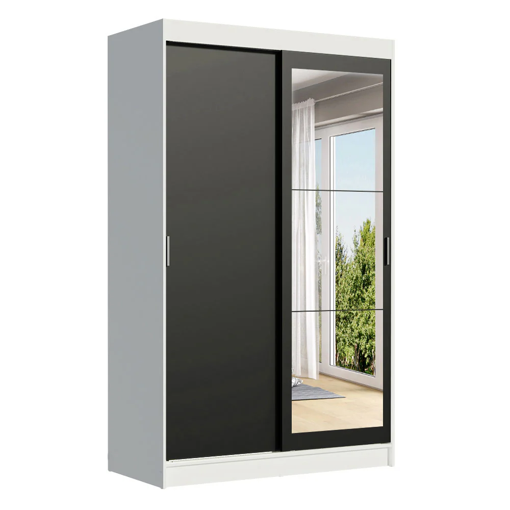 Guarda-Roupa Solteiro Madesa Tokio 2 Portas de Correr com Espelho 2 Gavetas Branco/Preto - Image 2