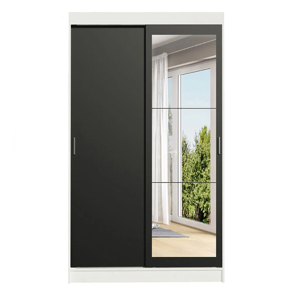 Guarda-Roupa Solteiro Madesa Tokio 2 Portas de Correr com Espelho 2 Gavetas Branco/Preto - Image 9
