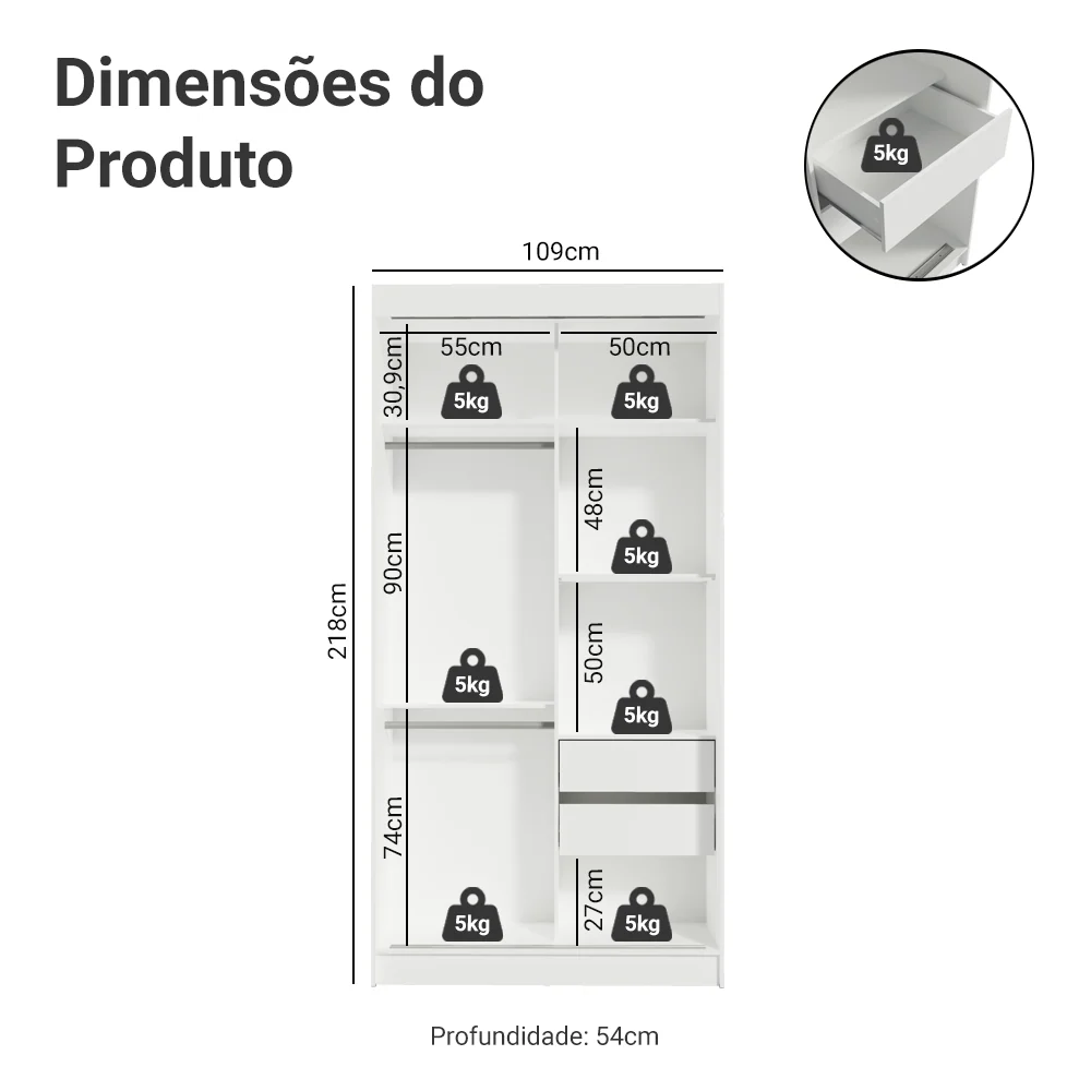 Guarda-Roupa Solteiro Madesa Tokio 2 Portas de Correr com Espelho 2 Gavetas Branco/Rustic - Image 3