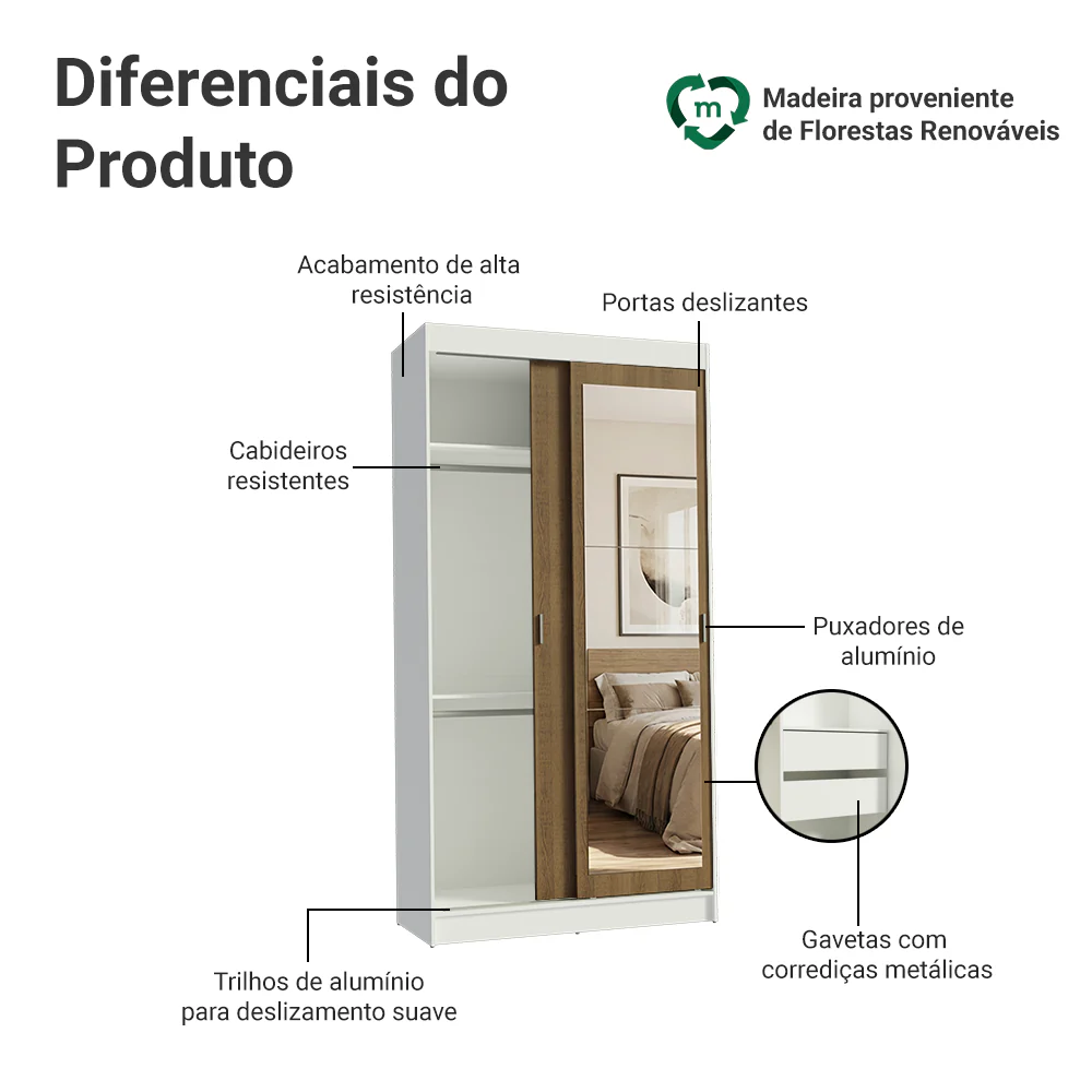 Guarda-Roupa Solteiro Madesa Tokio 2 Portas de Correr com Espelho 2 Gavetas Branco/Rustic - Image 4