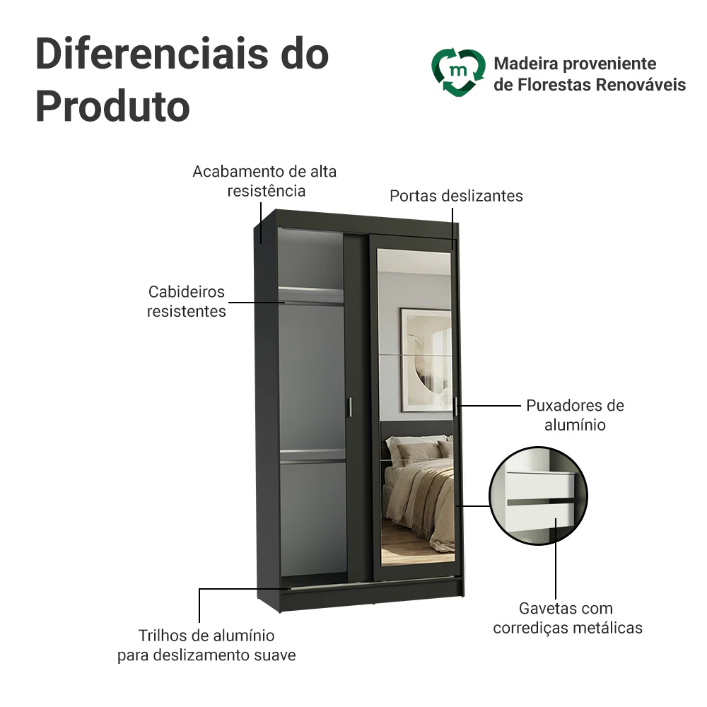 Guarda-Roupa Solteiro 2 Portas de Correr com Espelho 2 Gavetas Preto Madesa Tokio - Image 4