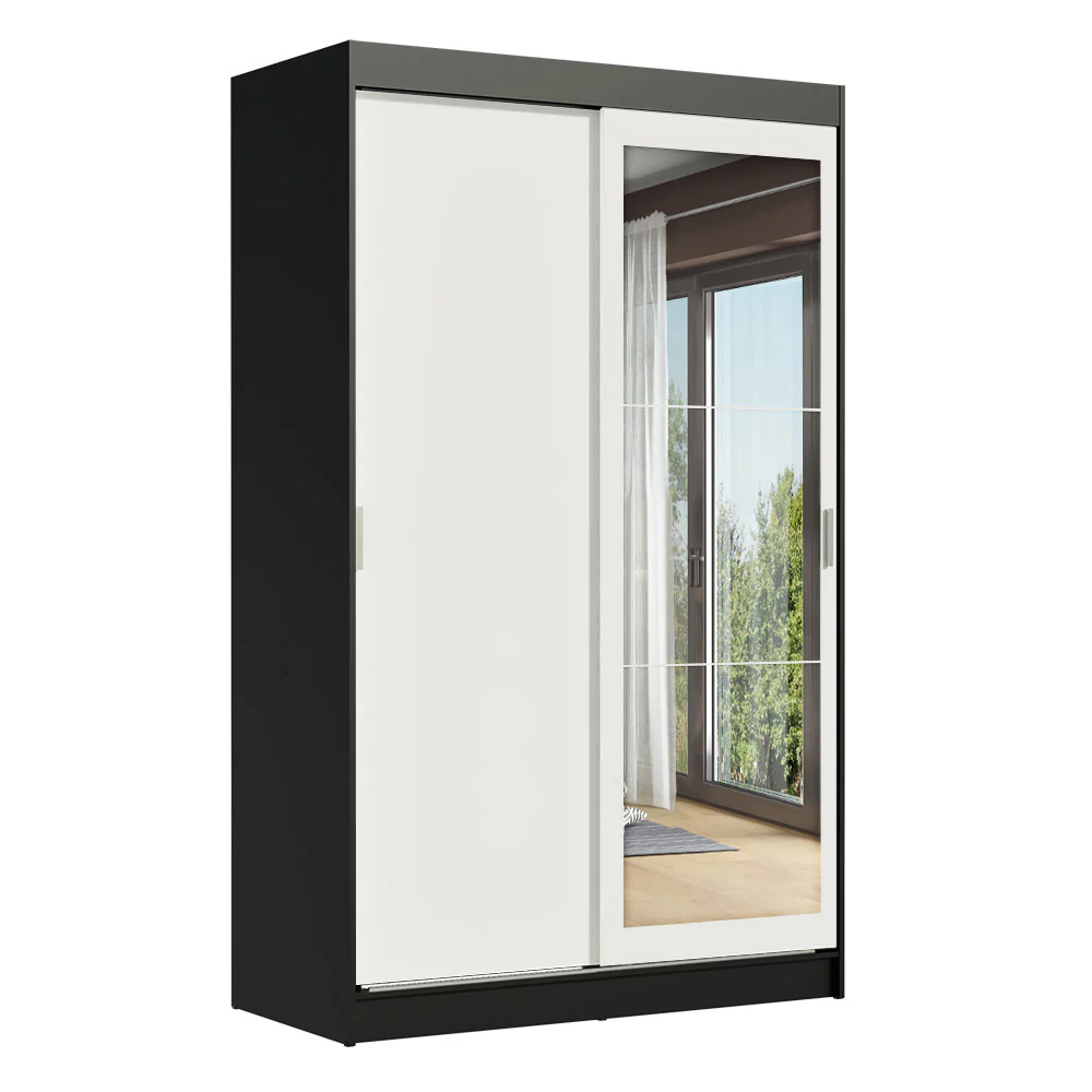 Guarda-Roupa Solteiro Madesa Tokio 2 Portas de Correr com Espelho 2 Gavetas Preto/Branco - Image 2