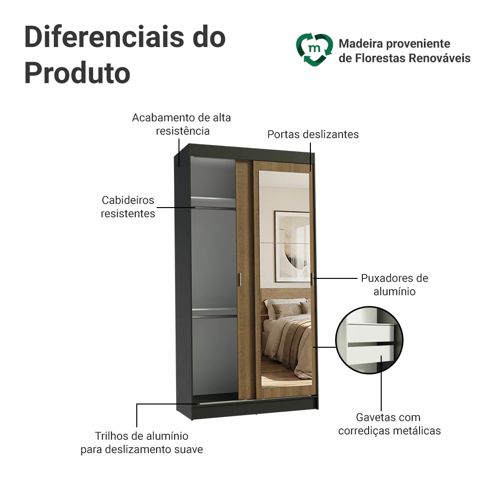 Guarda-Roupa Solteiro Madesa Tokio 2 Portas de Correr com Espelho 2 Gavetas Preto/Rustic - Image 4
