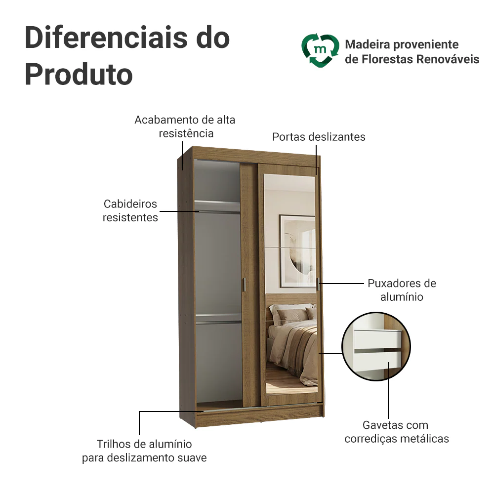 Guarda-Roupa Solteiro Madesa Tokio 2 Portas de Correr com Espelho 2 Gavetas Rustic - Image 4