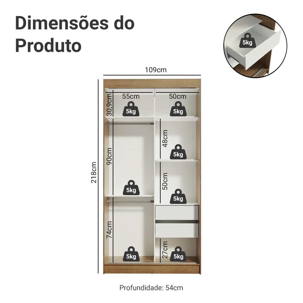 Guarda-Roupa Solteiro Madesa Tokio 2 Portas de Correr com Espelho 2 Gavetas Rustic/Branco - Image 3