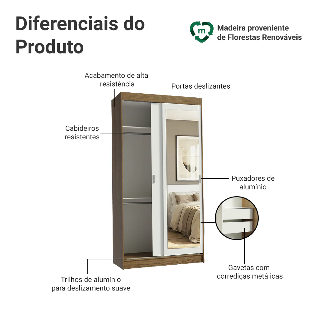 Guarda-Roupa Solteiro Madesa Tokio 2 Portas de Correr com Espelho 2 Gavetas Rustic/Branco - Image 5