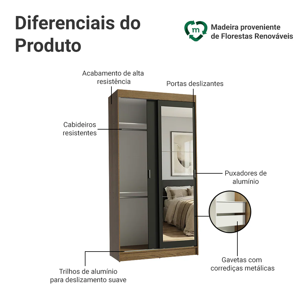 Guarda-Roupa Solteiro Madesa Tokio 2 Portas de Correr com Espelho 2 Gavetas Rustic/Preto - Image 4