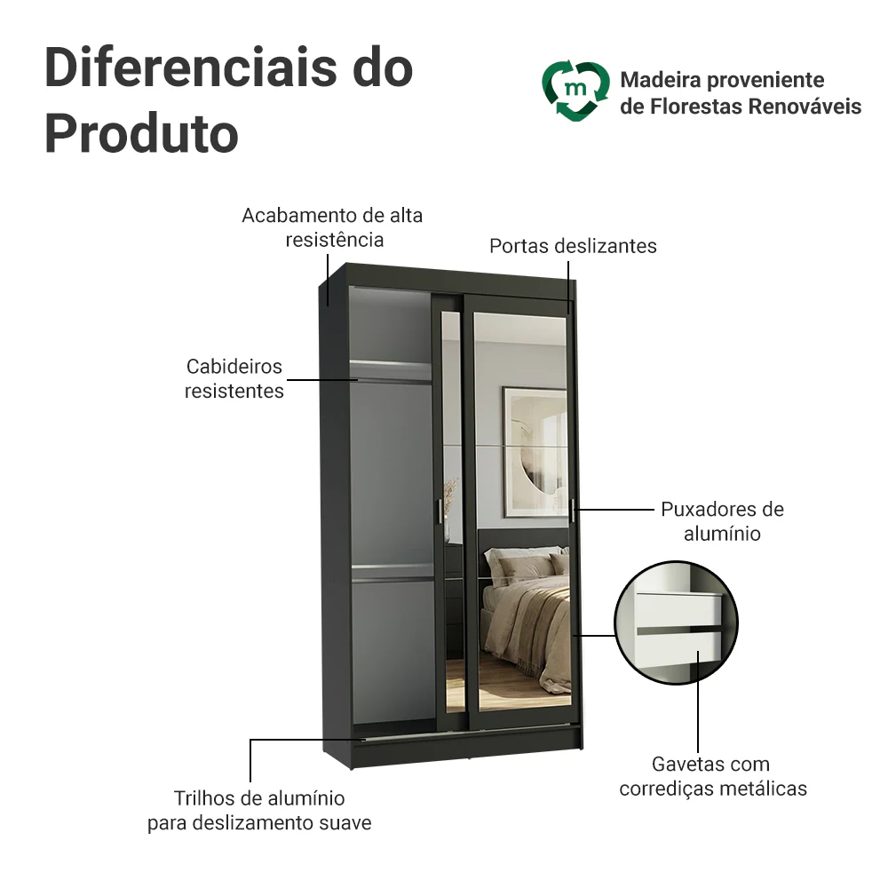 Guarda-Roupa Solteiro Madesa Tokio 2 Portas de Correr de Espelho 2 Gavetas Preto - Image 4