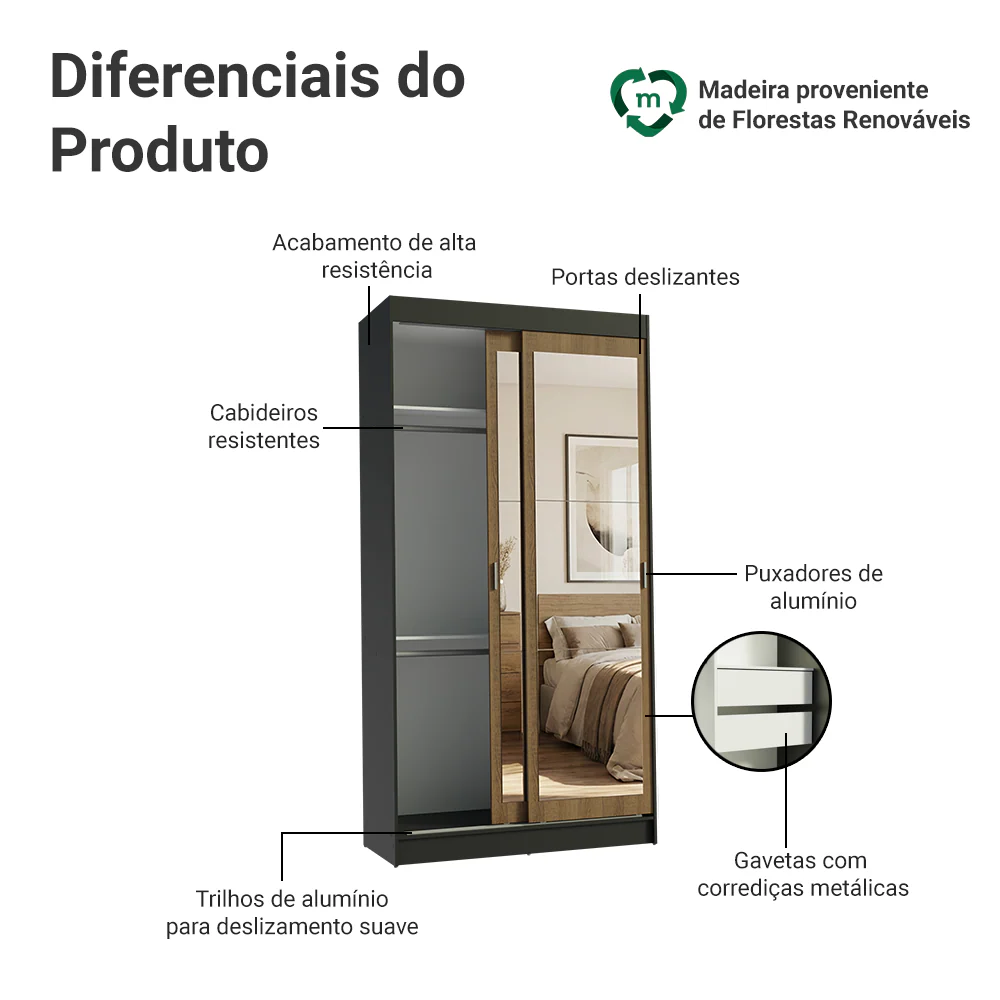 Guarda-Roupa Solteiro Madesa Tokio 2 Portas de Correr de Espelho 2 Gavetas Preto/Rustic - Image 4