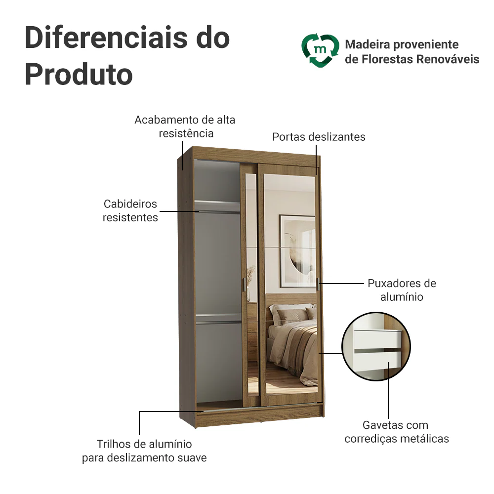 Guarda-Roupa Solteiro Madesa Tokio 2 Portas de Correr de Espelho 2 Gavetas Rustic - Image 4