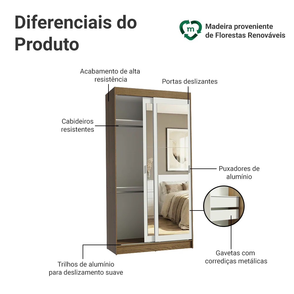 Guarda-Roupa Solteiro Madesa Tokio 2 Portas de Correr de Espelho 2 Gavetas Rustic/Branco - Image 4