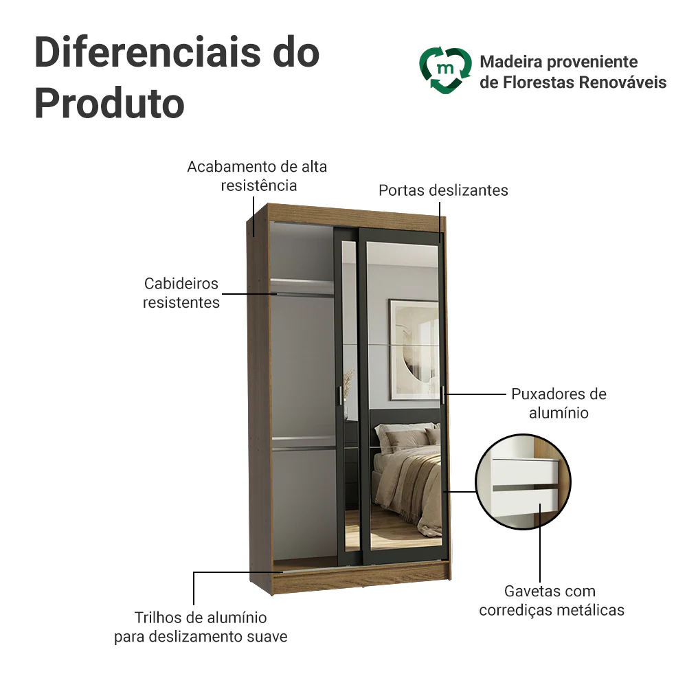 Guarda-Roupa Solteiro Madesa Tokio 2 Portas de Correr de Espelho 2 Gavetas Rustic/Preto - Image 4