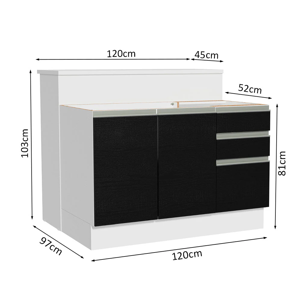 Ilha de Cozinha com Bancada e Balcão 120 cm Branco/Preto Glamy Madesa - Image 3