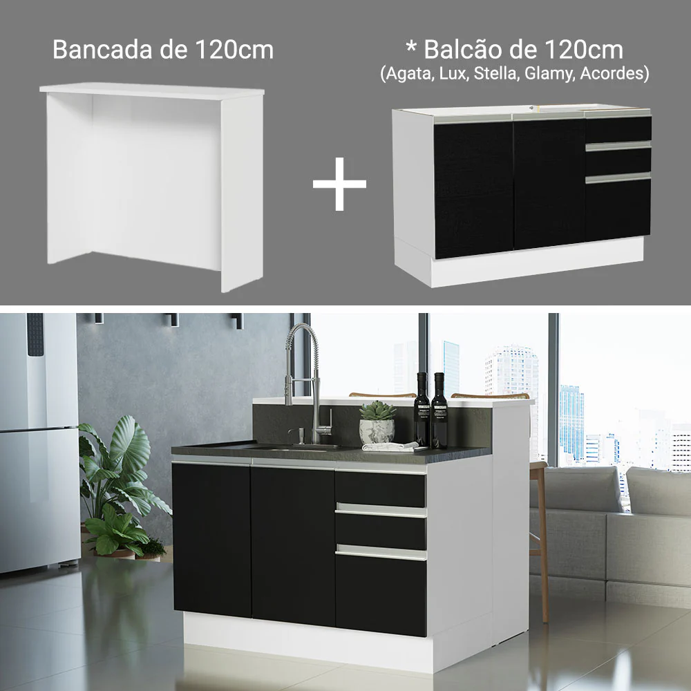 Ilha de Cozinha com Bancada e Balcão 120 cm Branco/Preto Glamy Madesa - Image 5