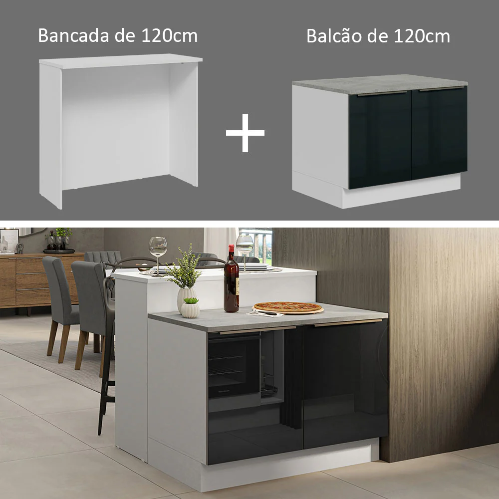 Ilha de Cozinha com Bancada e Balcão 120 cm Branco/Preto Lux Madesa - Image 5