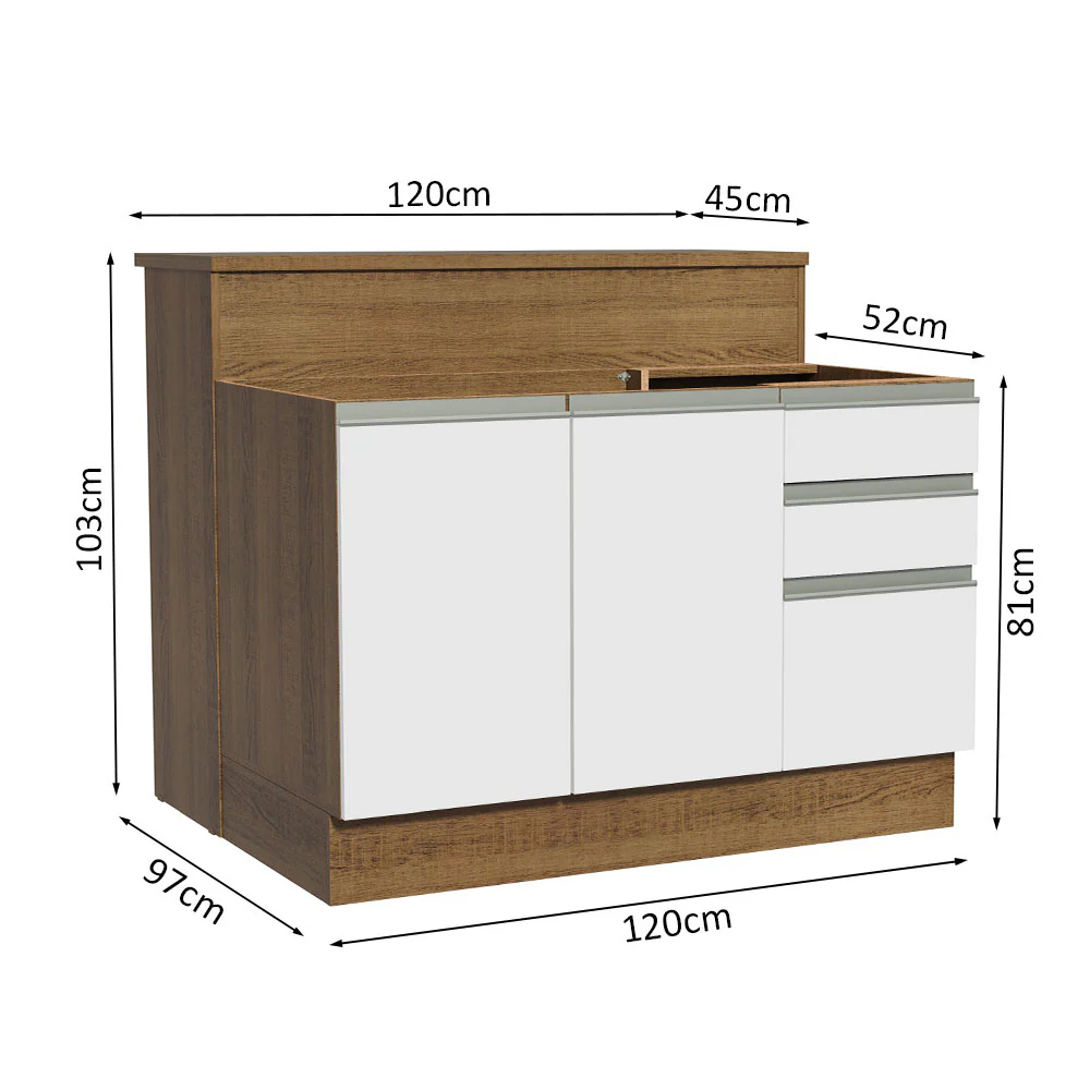Ilha de Cozinha com Bancada e Balcão 120 cm Rustic/Branco Glamy Madesa - Image 3