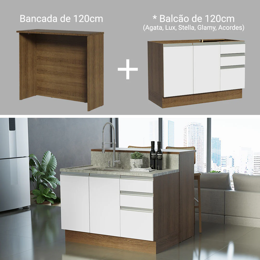 Ilha de Cozinha com Bancada e Balcão 120 cm Rustic/Branco Glamy Madesa - Image 5