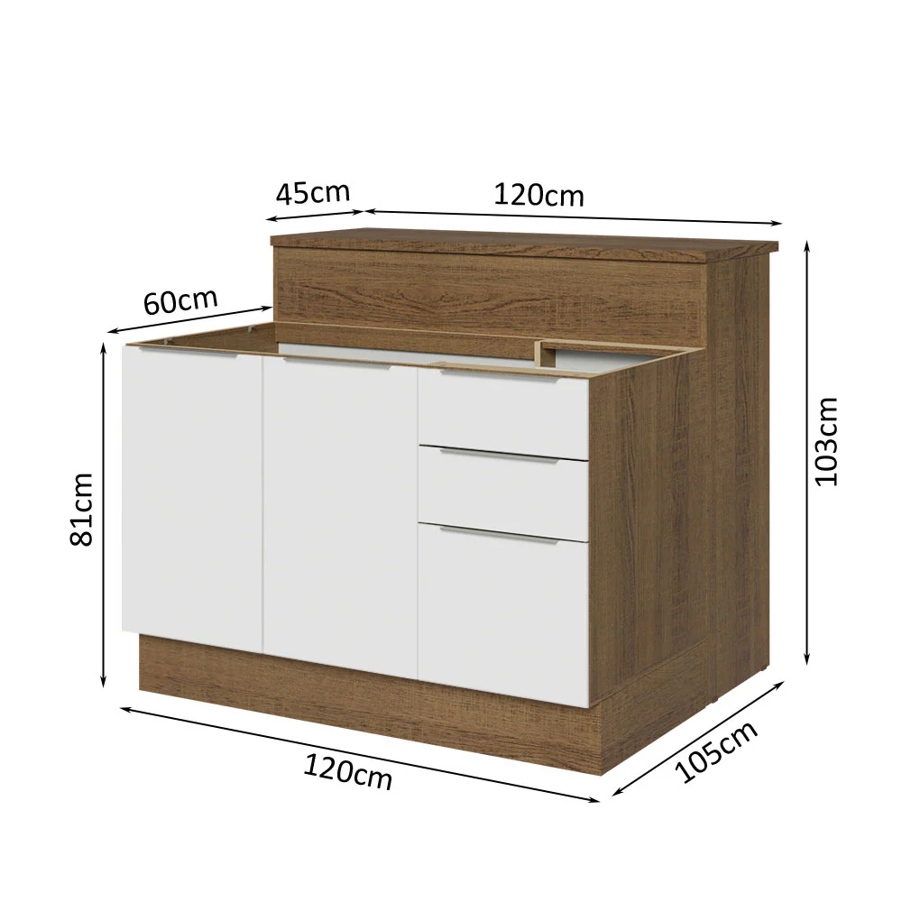 Ilha de Cozinha com Bancada e Balcão 120 cm Rustic/Branco Stella Madesa - Image 3