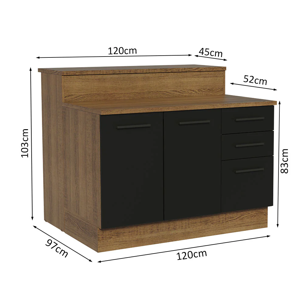 Ilha de Cozinha com Bancada e Balcão 120 cm Rustic/Preto Agata Madesa - Image 3