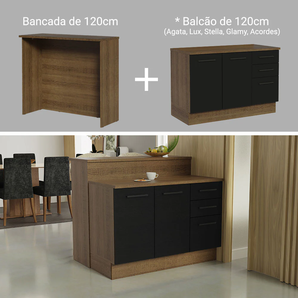 Ilha de Cozinha com Bancada e Balcão 120 cm Rustic/Preto Agata Madesa - Image 5