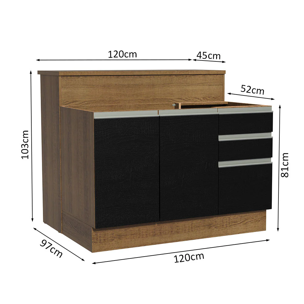 Ilha de Cozinha com Bancada e Balcão 120 cm Rustic/Preto Glamy Madesa - Image 3