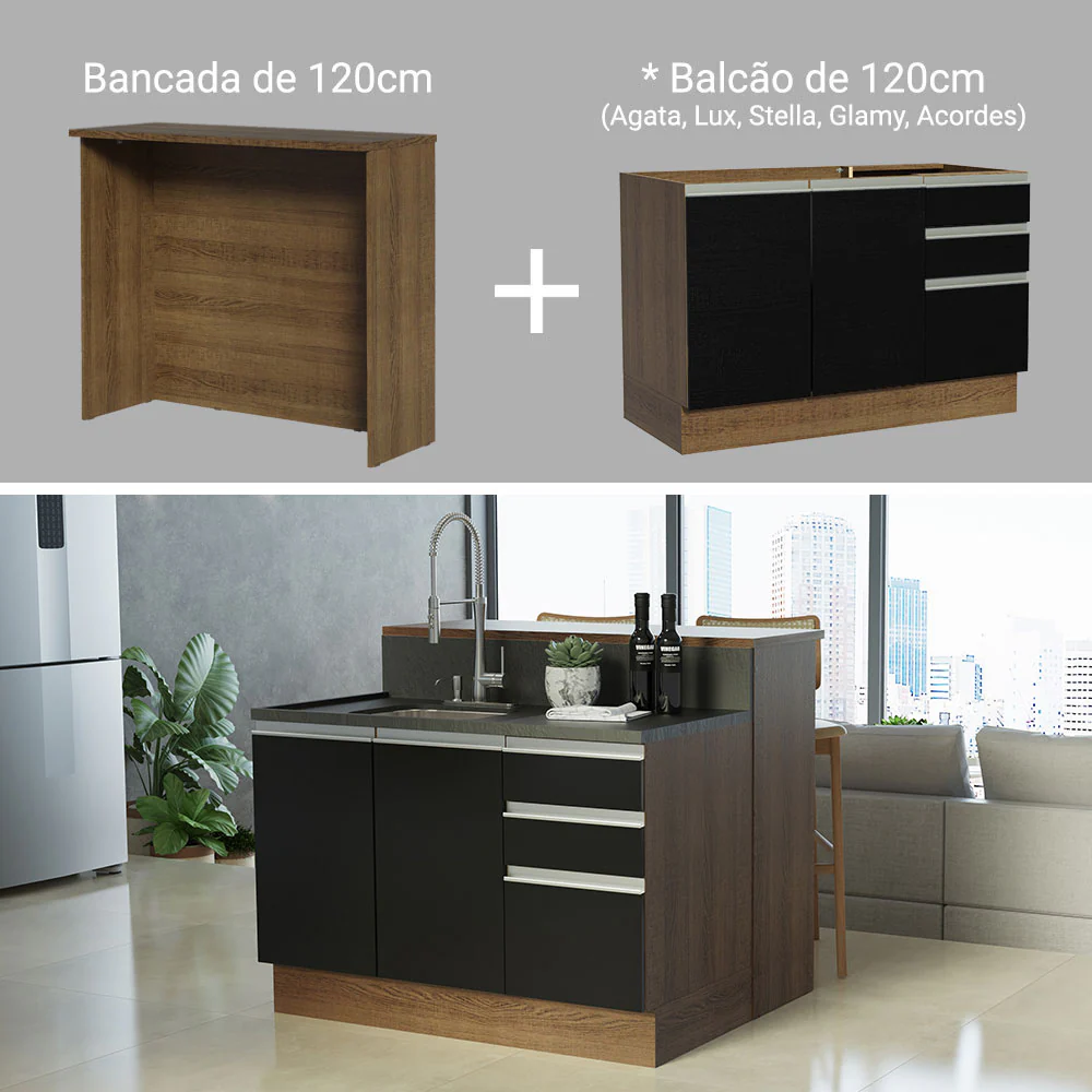 Ilha de Cozinha com Bancada e Balcão 120 cm Rustic/Preto Glamy Madesa - Image 5