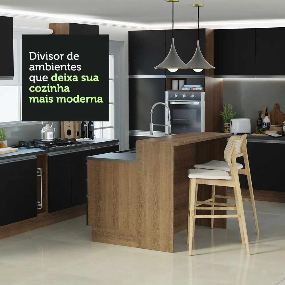 Ilha de Cozinha com Bancada e Balcão 120 cm Rustic/Preto Glamy Madesa - Image 6