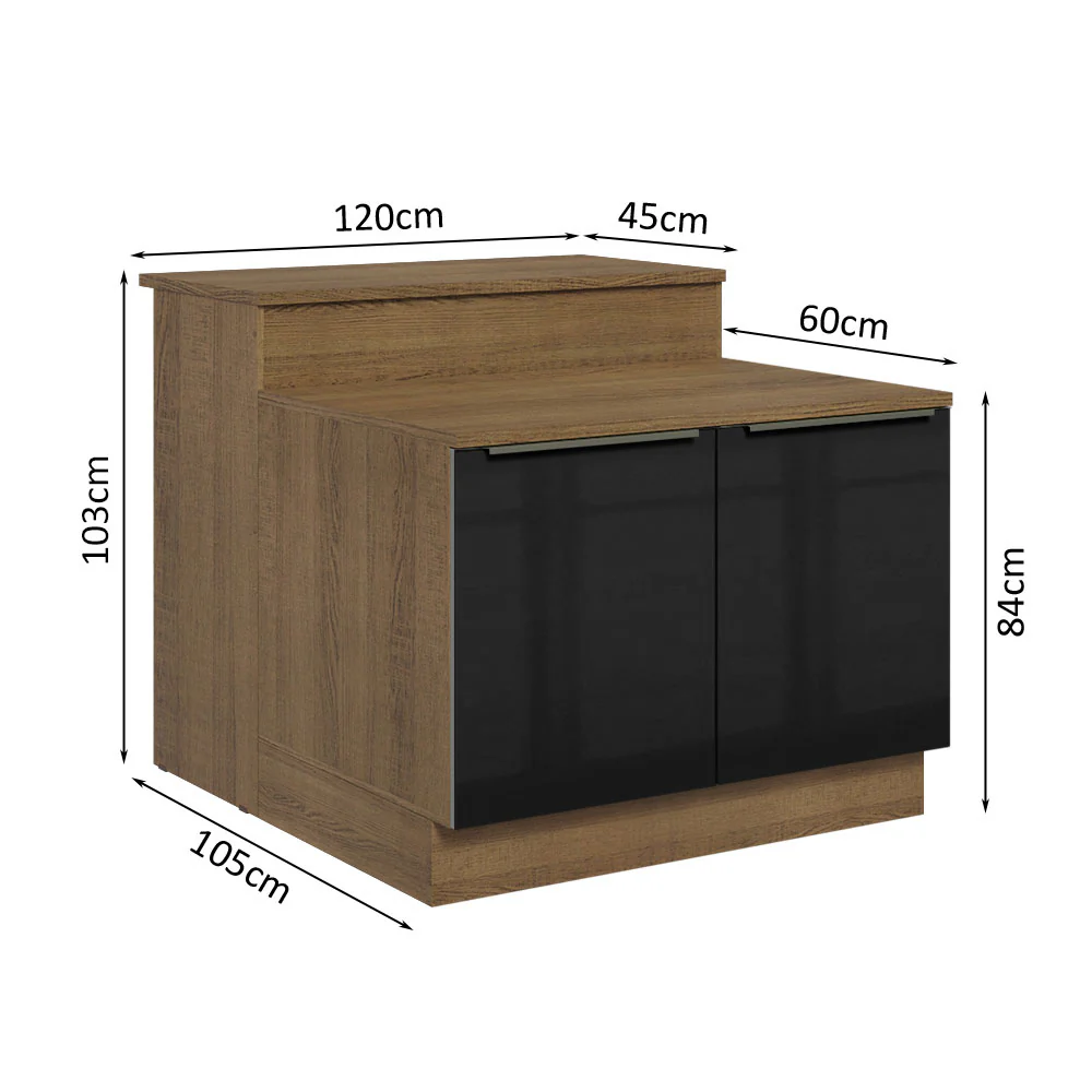Ilha de Cozinha com Bancada e Balcão 120 cm Rustic/Preto Lux Madesa - Image 3