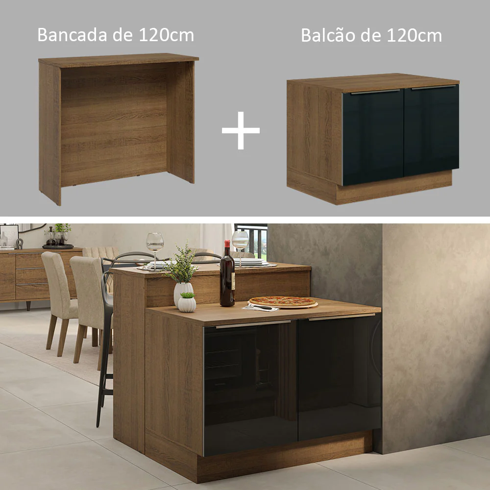 Ilha de Cozinha com Bancada e Balcão 120 cm Rustic/Preto Lux Madesa - Image 5