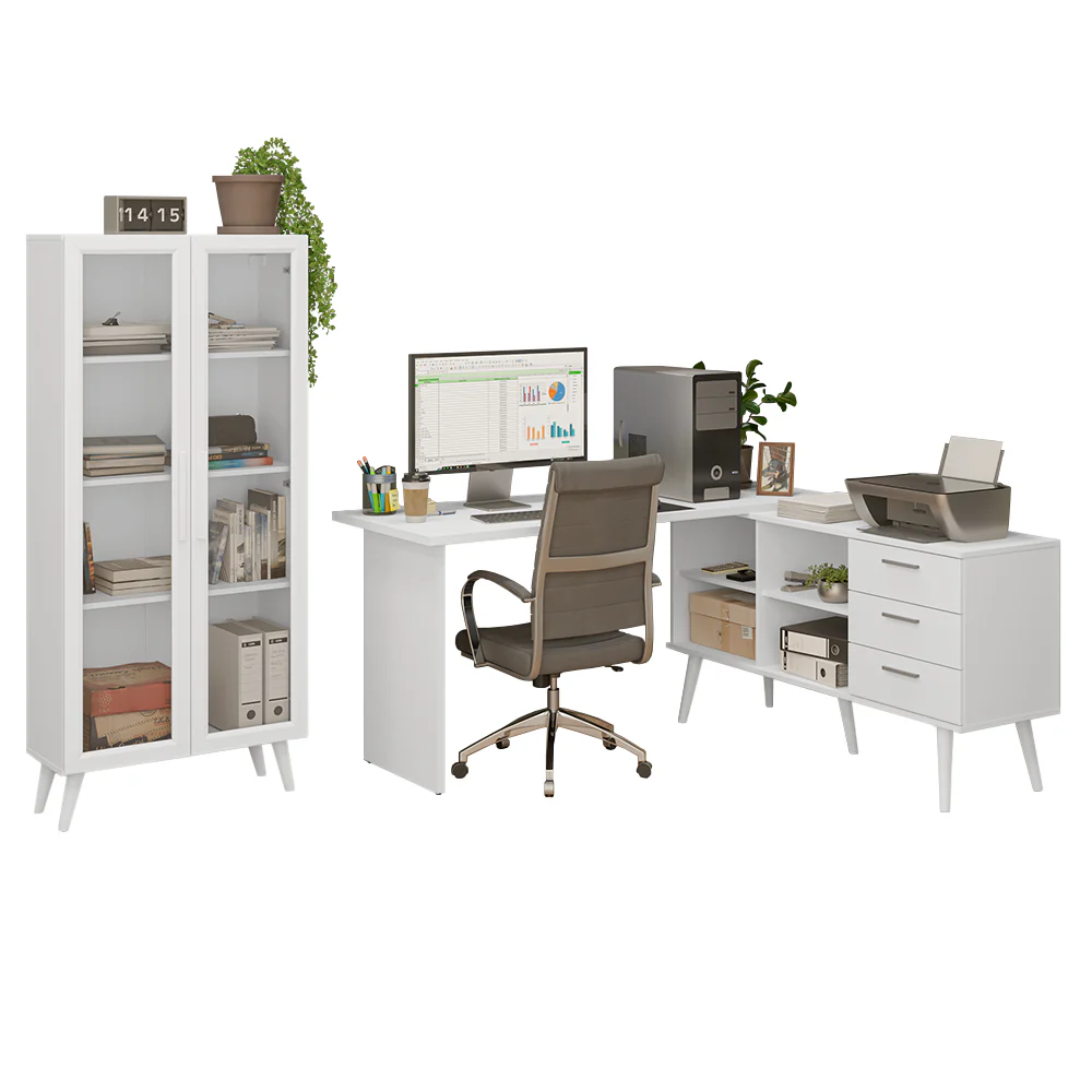 Kit 2 Peças com Escrivaninha em L 3 Gavetas e Armário Multiuso com Vidro Branco Madesa - Image 2