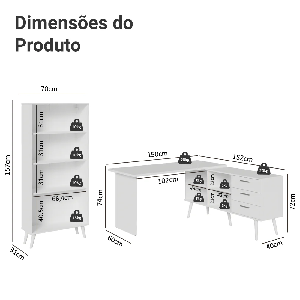Kit 2 Peças com Escrivaninha em L 3 Gavetas e Armário Multiuso com Vidro Branco Madesa - Image 3