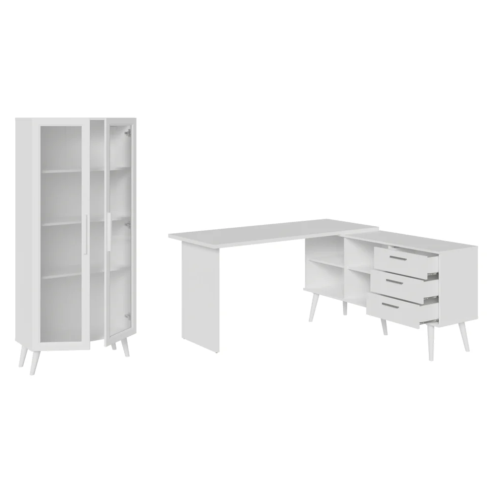 Kit 2 Peças com Escrivaninha em L 3 Gavetas e Armário Multiuso com Vidro Branco Madesa - Image 6