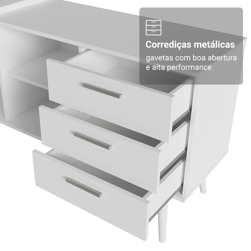 Kit 2 Peças com Escrivaninha em L 3 Gavetas e Armário Multiuso com Vidro Branco Madesa - Image 7