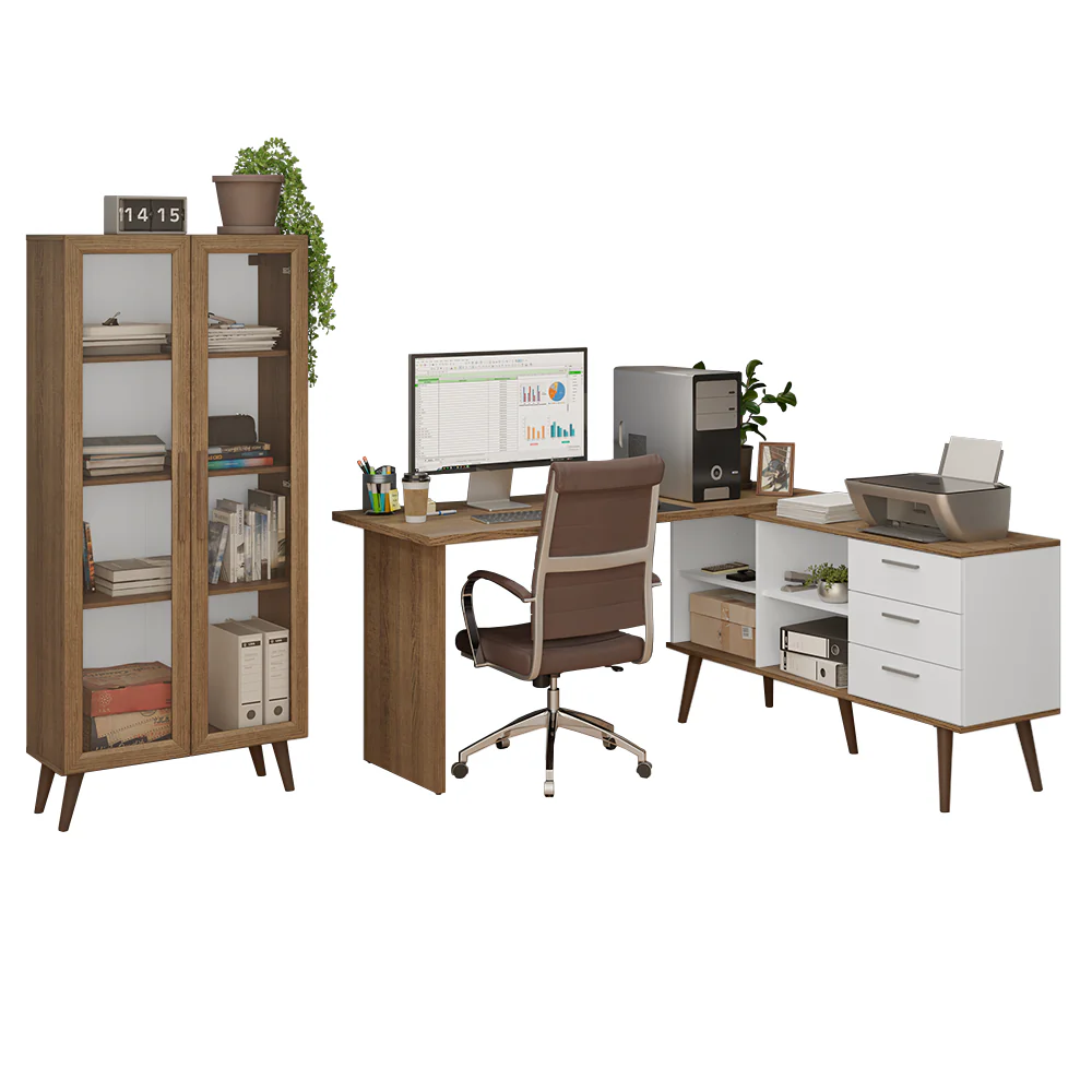 Kit 2 Peças com Escrivaninha em L 3 Gavetas e Armário Multiuso com Vidro Rustic/Branco Madesa - Image 2