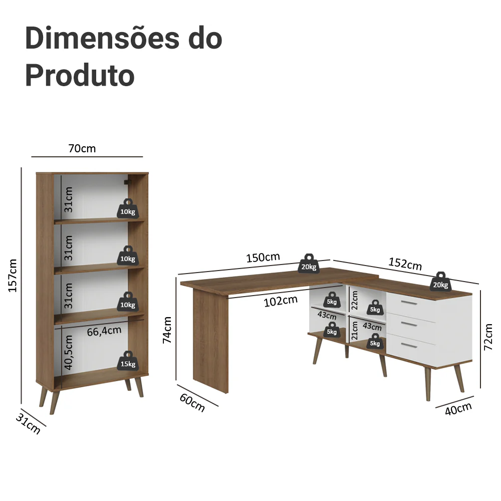 Kit 2 Peças com Escrivaninha em L 3 Gavetas e Armário Multiuso com Vidro Rustic/Branco Madesa - Image 3