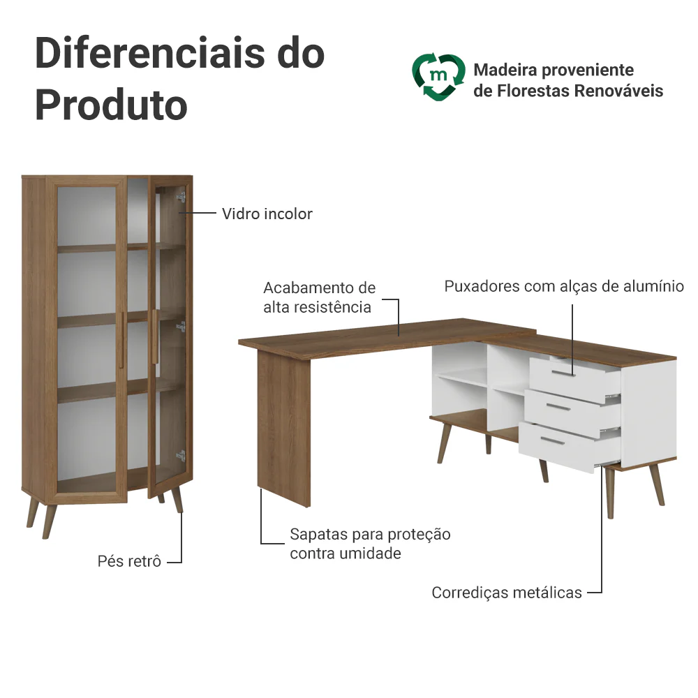 Kit 2 Peças com Escrivaninha em L 3 Gavetas e Armário Multiuso com Vidro Rustic/Branco Madesa - Image 4