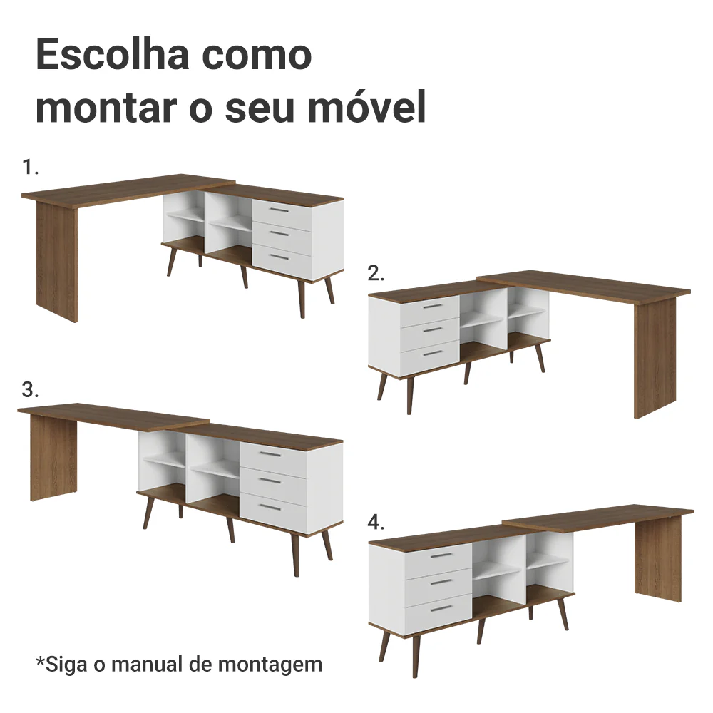 Kit 2 Peças com Escrivaninha em L 3 Gavetas e Armário Multiuso com Vidro Rustic/Branco Madesa - Image 5