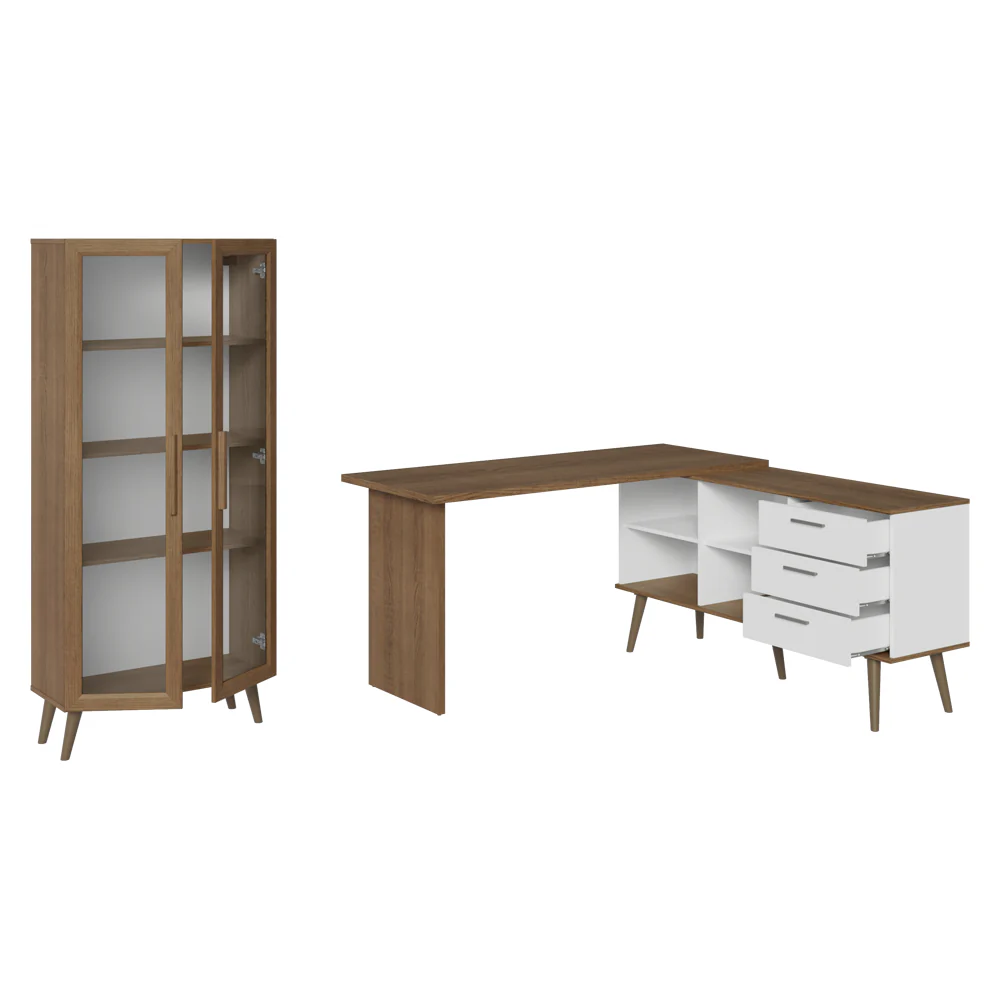 Kit 2 Peças com Escrivaninha em L 3 Gavetas e Armário Multiuso com Vidro Rustic/Branco Madesa - Image 6