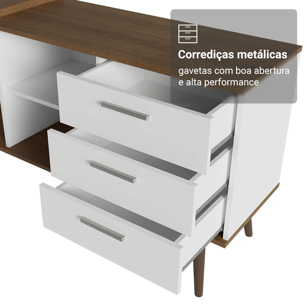 Kit 2 Peças com Escrivaninha em L 3 Gavetas e Armário Multiuso com Vidro Rustic/Branco Madesa - Image 7