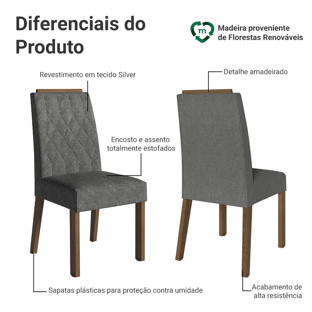 Kit 4 Cadeiras de Jantar 4256 com Espaldar Rustic/Silver Madesa - Image 4