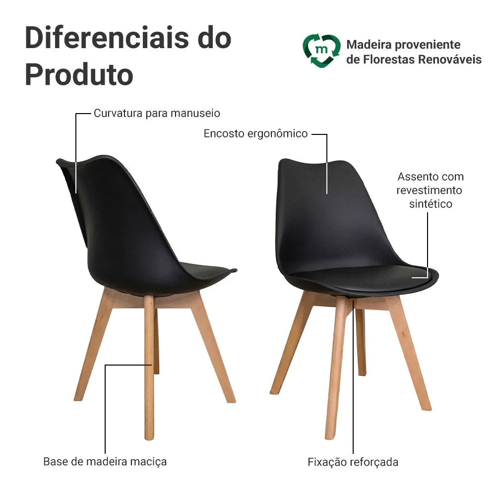 Kit 4 Cadeiras Leda com assento estofado Cor Preta Madesa - Image 4