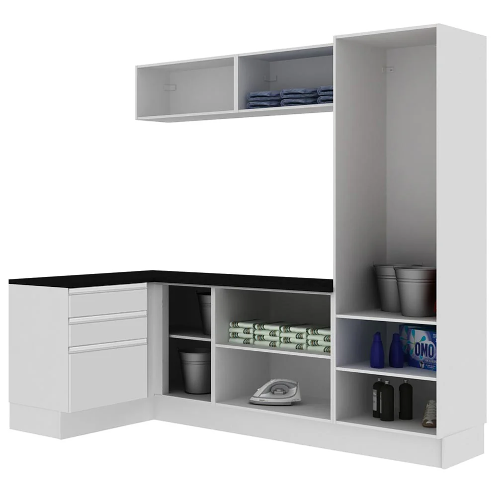 Kit Área De Serviço Madesa Acordes 100% MDF com Armário, Gaveteiro e Balcão de Canto Portas Branco Brilho - Image 3