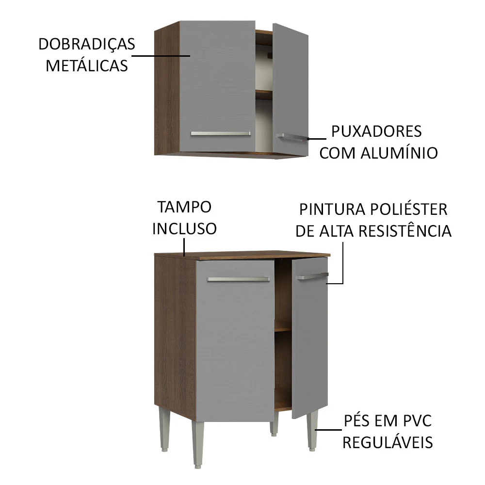 Kit com Armário Aéreo e Balcão 64cm Rustic/Cinza Emilly Madesa - Image 3
