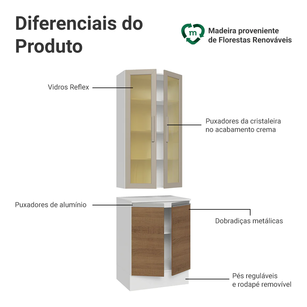 Kit Balcão + Cristaleira 60 cm Branco/Rustic/Crema Smart 100% MDF Madesa - Image 3