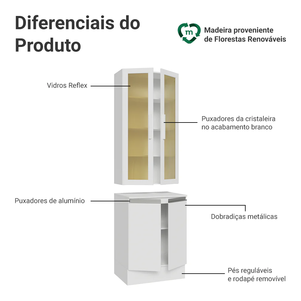 Kit Balcão + Cristaleira 60 cm Branco Smart 100% MDF Madesa - Image 3
