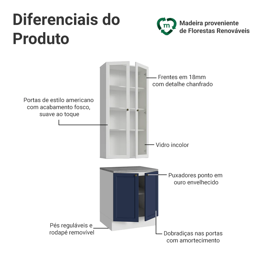 Kit Balcão + Cristaleira 70 cm Branco/Azul/Branco Vik Madesa 01 - Image 4