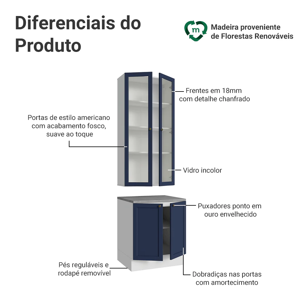 Kit Balcão + Cristaleira 70 cm Branco/Azul Vik Madesa 01 - Image 4
