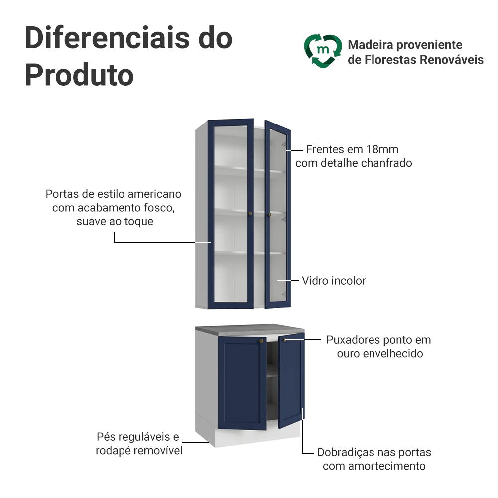 Kit Balcão + Cristaleira 70 cm Branco/Azul Vik Madesa 02 - Image 4